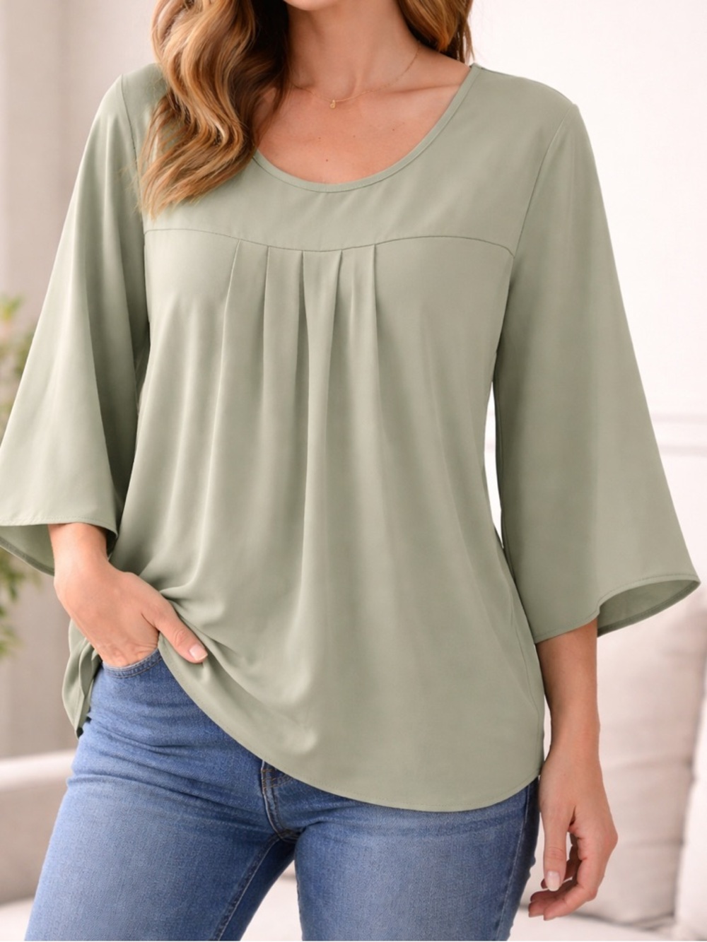 Amazon Sage Green Pleated Scoop-Neck Blouse